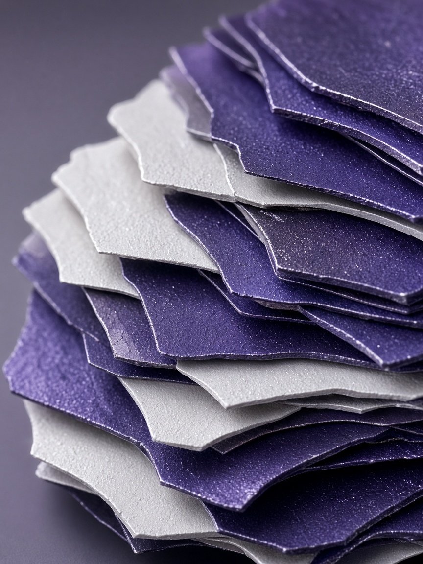 Layered metal sheets in ultraviolet and chalk, photographed as a vertical object.