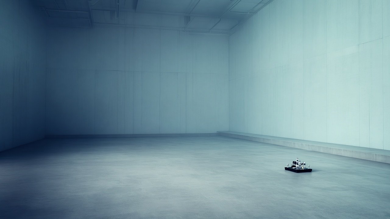 Vast pale technical hall with a single piece of precision hardware in the distance.
