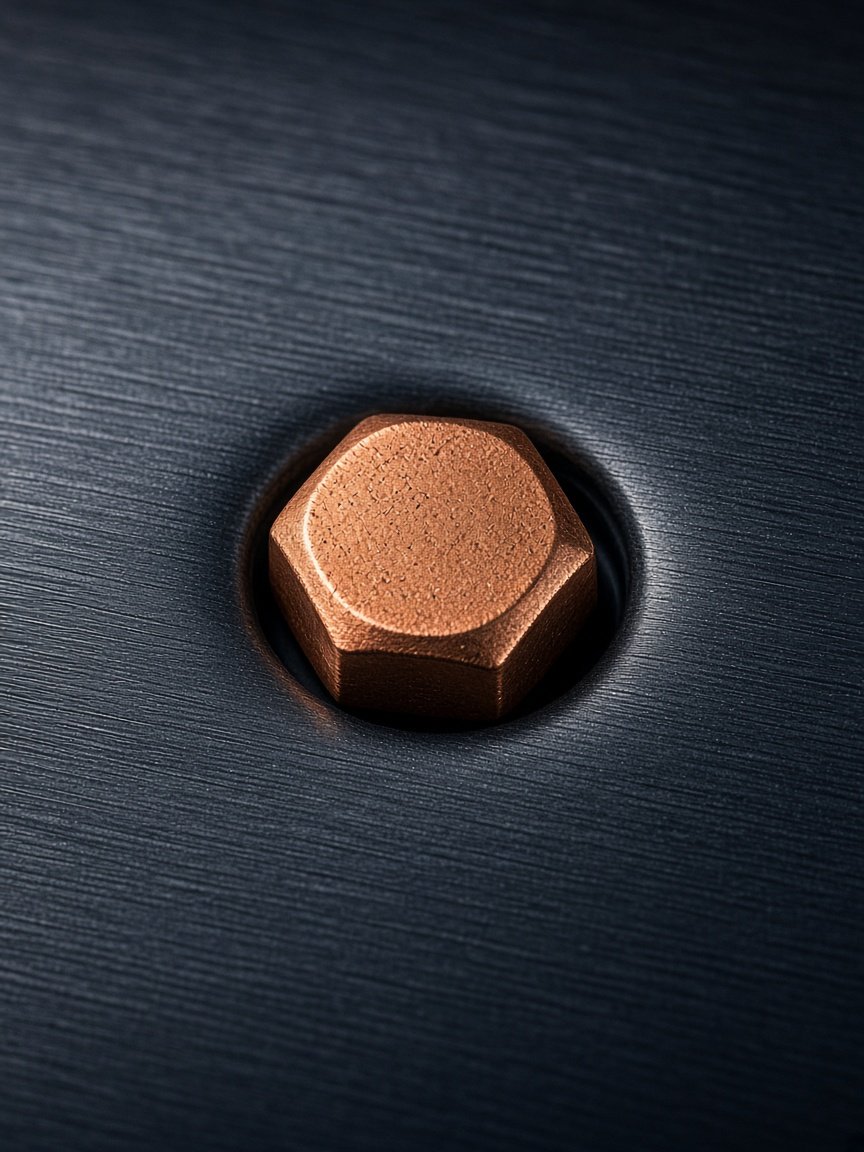 Monumental close-up of a copper fastener on brushed metal.