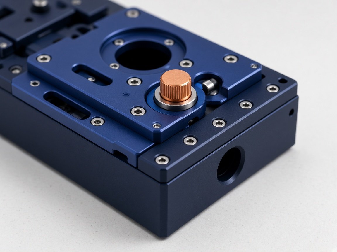 Closer view of a navy hardware chassis with ultraviolet panels and a copper fastening.
