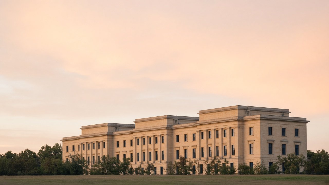 Distant pale stone building under a wide peach-tinted sky.