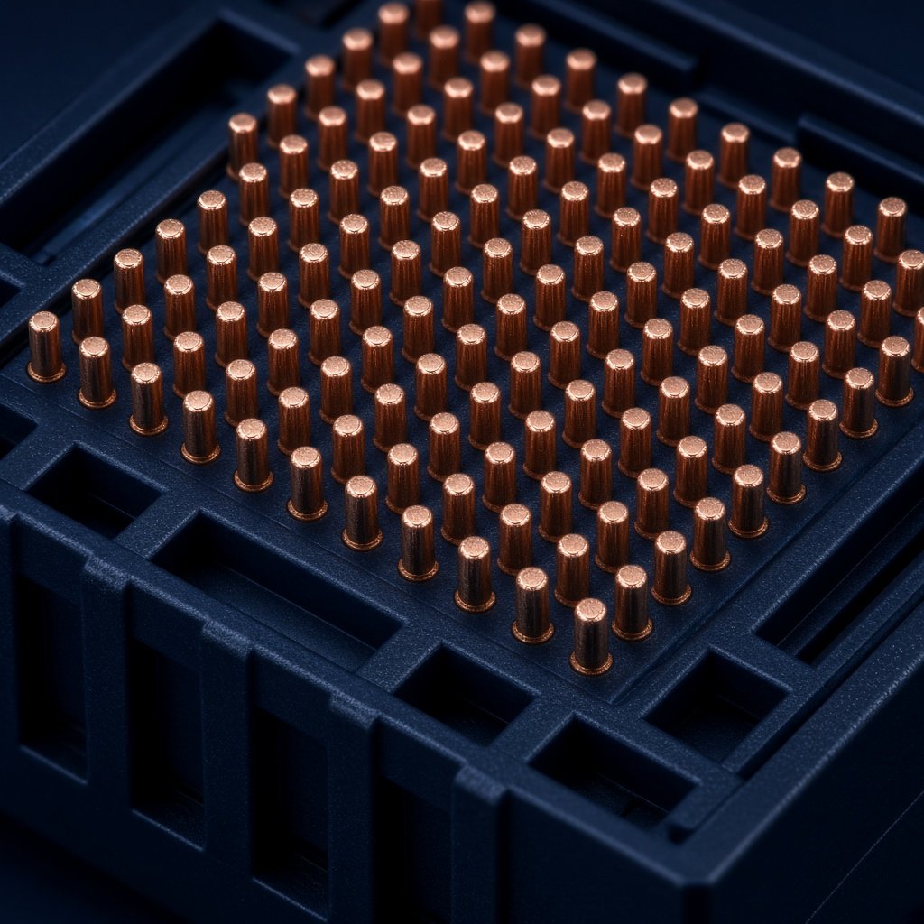 Close view of copper contact pins on a technical connector.