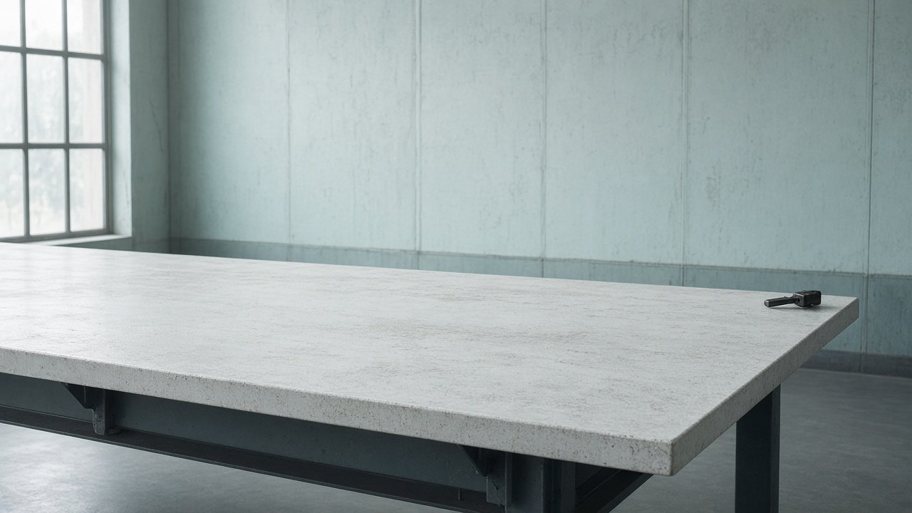 Long empty workshop bench with a single tool at the far edge.