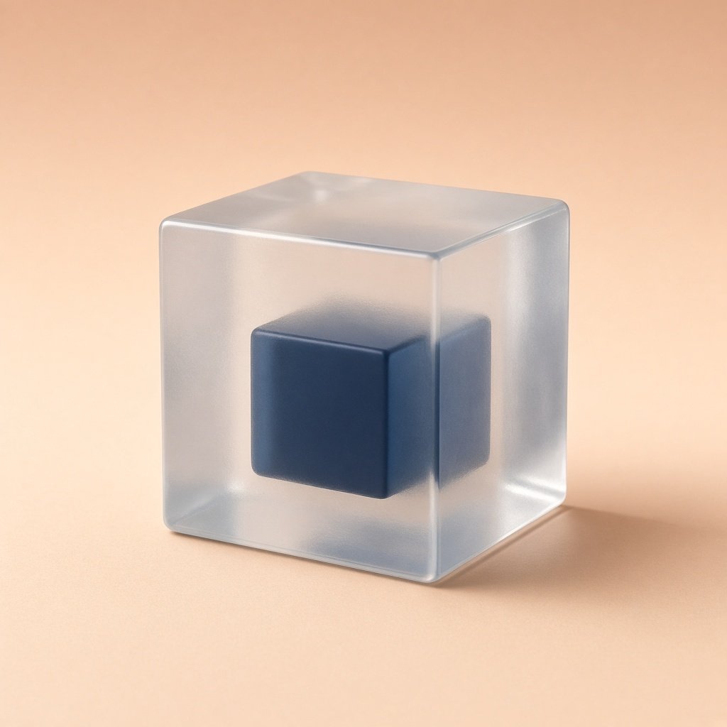 Glass cube containing a nested navy cube on peach paper.
