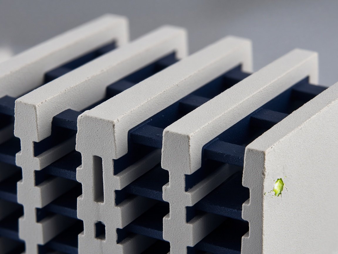 Close-up of a pale ceramic fin array with navy recesses.