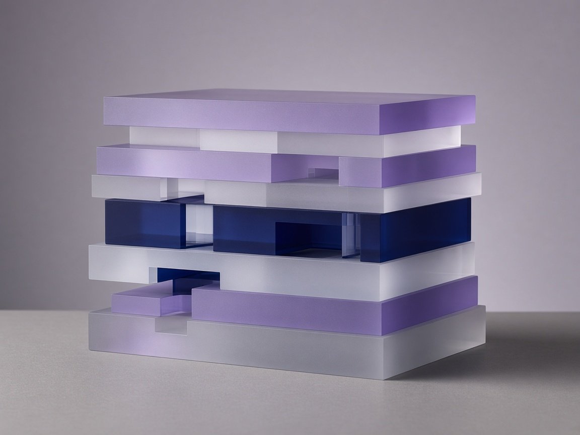 Stacked acrylic computational model in ultraviolet and navy layers.
