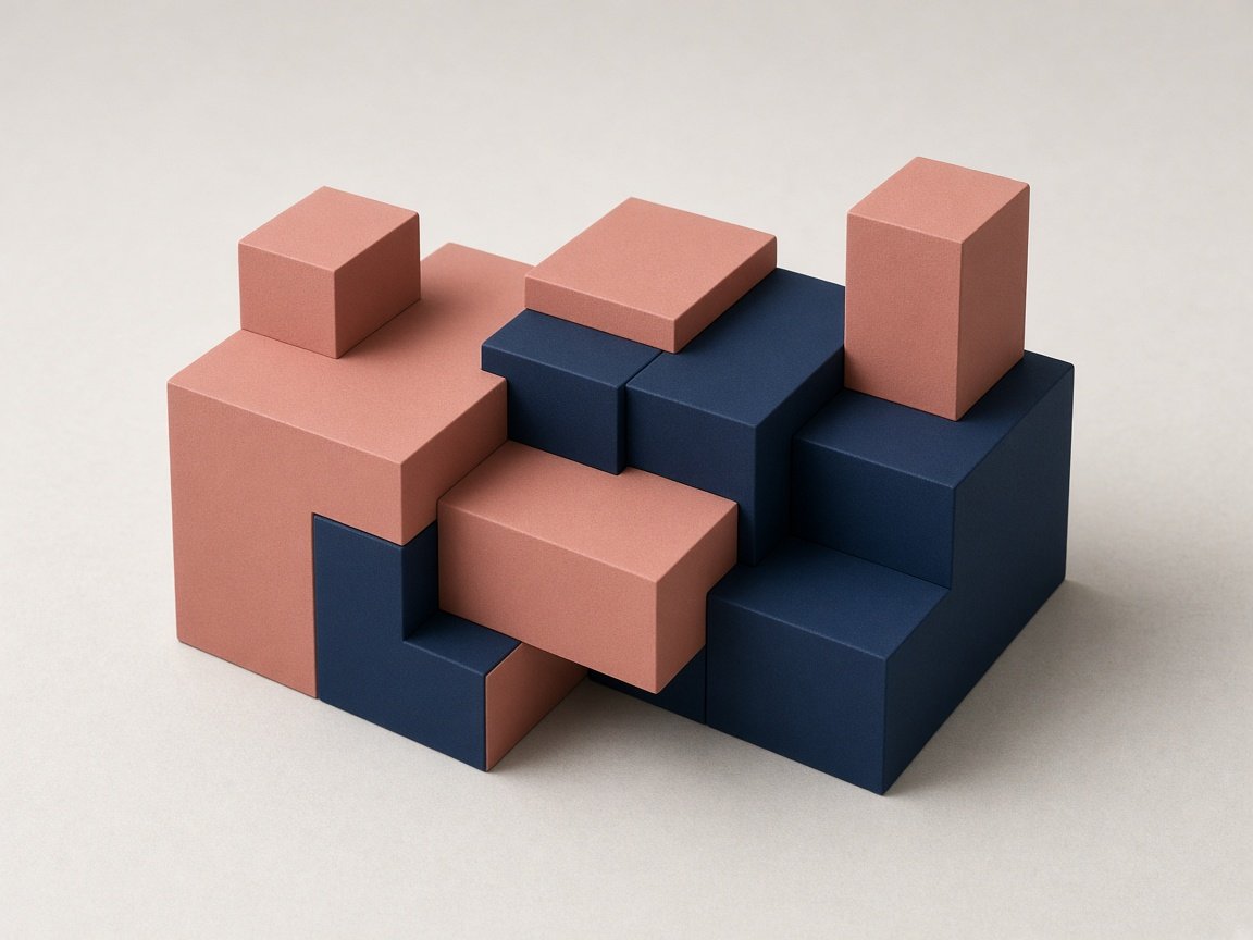 Interlocking polymer blocks in dust rose and navy.