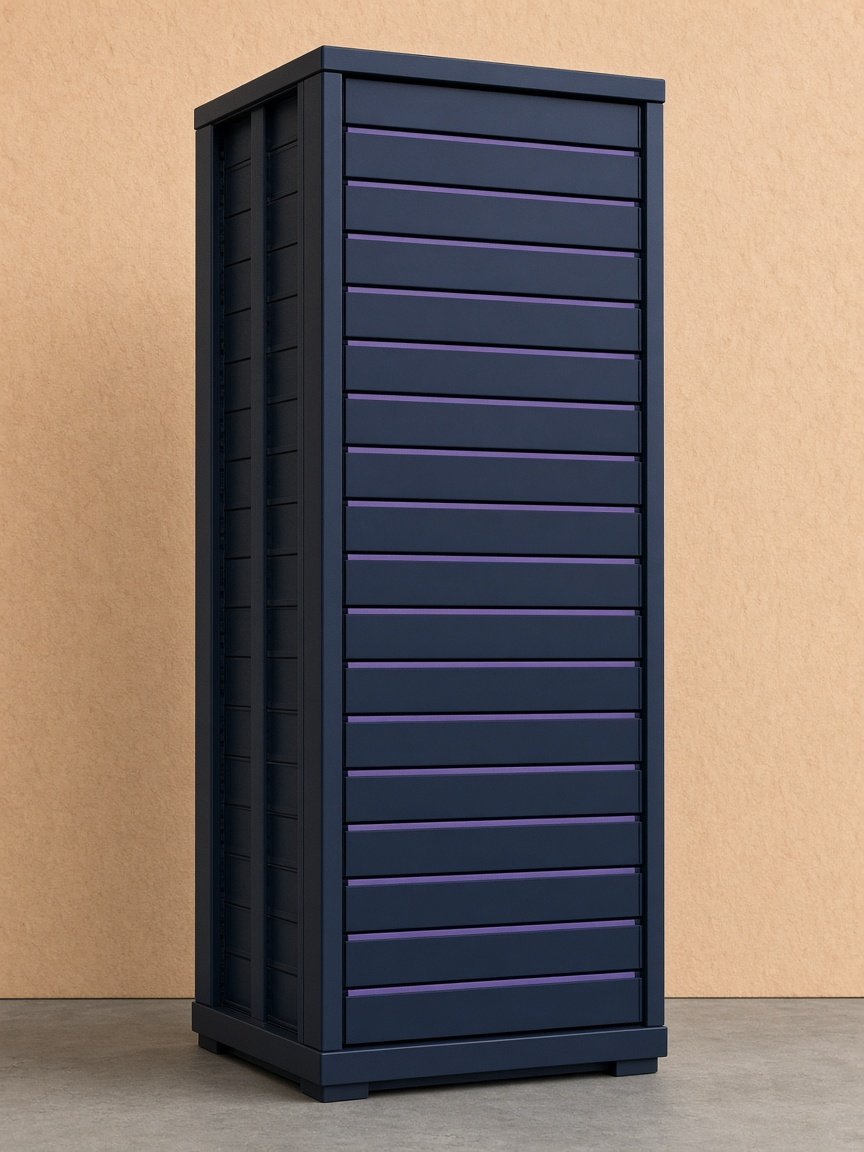 Tall stack of matte navy plates with a single ultraviolet stripe.