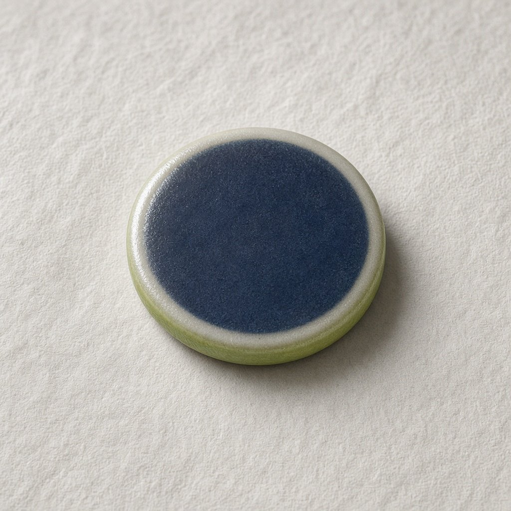 Pale ceramic disc with an acid-pear edge on chalk paper.